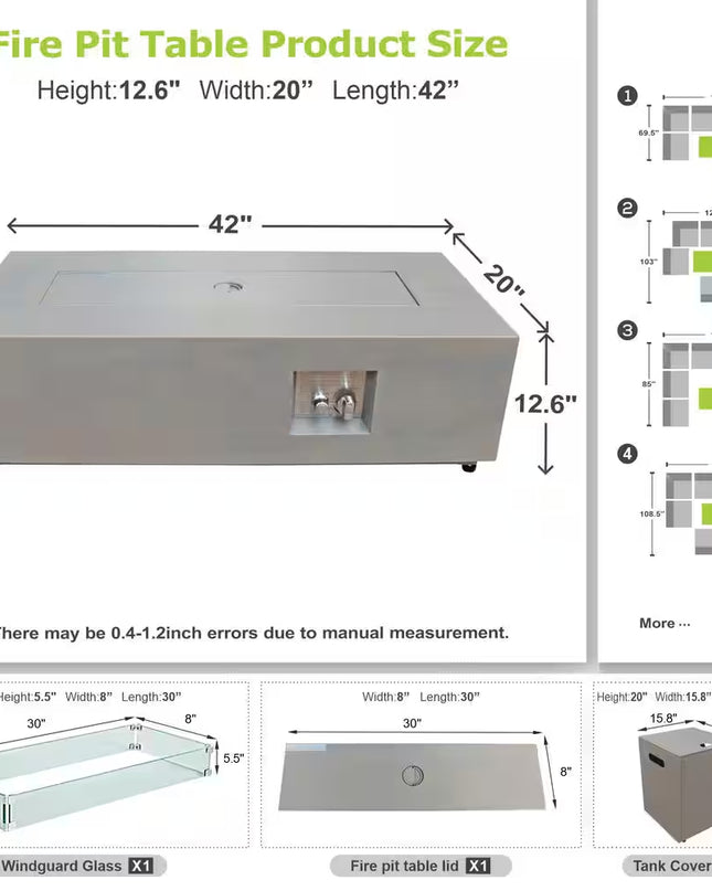 50000 BTU Coating Steel Propane Fire Pit Table in Gray Rectangular Modern Outdoor Gas Fire Table with Tank Holder