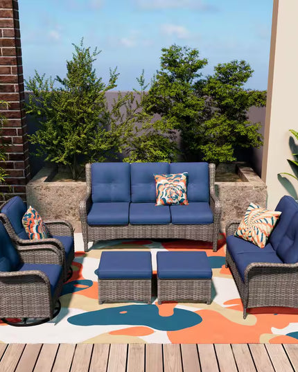 Patio Furniture Set 6-Piece Outdoor Patio Conversation Set with Blue Cushions Lawn Furniture