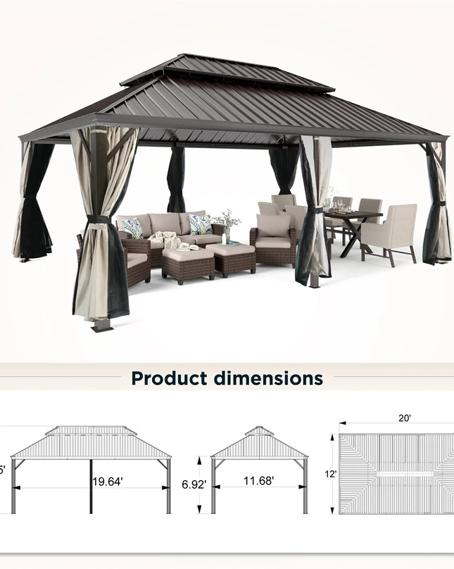 14' X 20' Hardtop Gazebo Aluminum Frame Galvanized Steel Double Roof Patio Gazebo with Netting & Curtains Brown