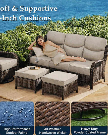 Luxury 6 Pieces Outdoor Patio Furniture Set with Swivel Rocker Chairs 6-Inch Extra Thick Cushions,Sofa Coffee Table,Wicker Conversation Sets for Porch Deck Backyard Poolside
