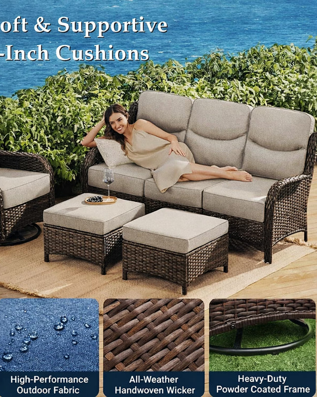 Luxury 6 Pieces Outdoor Patio Furniture Set with Swivel Rocker Chairs 6-Inch Extra Thick Cushions,Sofa Coffee Table,Wicker Conversation Sets for Porch Deck Backyard Poolside