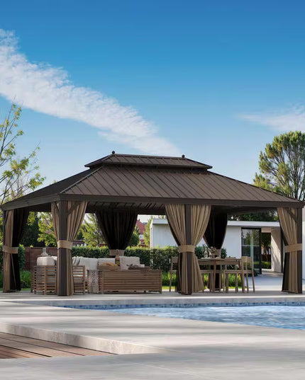 14 Ft. X 20 Ft. Double Galvanized Steel Roof Aluminum Frame Outdoor Patio Hardtop Gazebo with Netting and Curtains