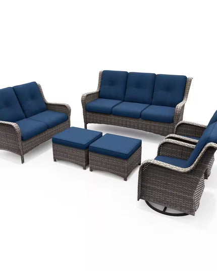 Patio Furniture Set 6-Piece Outdoor Patio Conversation Set with Blue Cushions Lawn Furniture
