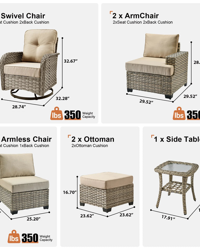 8 Pieces Patio Furniture Set, All Weather Wicker Patio Conversation Set with Swivel Chairs, Outdoor Furniture with Ottoman for Garden, Beige