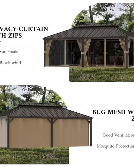 14 Ft. X 20 Ft. Double Galvanized Steel Roof Aluminum Frame Outdoor Patio Hardtop Gazebo with Netting and Curtains