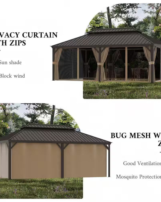 14 Ft. X 20 Ft. Double Galvanized Steel Roof Aluminum Frame Outdoor Patio Hardtop Gazebo with Netting and Curtains