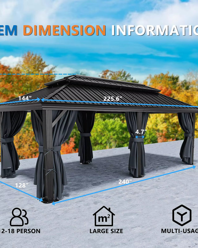 12×20 Hardtop Gazebo with Metal Roof, Heavy Duty Galvanized Steel Gazebo with Reinforced Aluminum Frame, Flame-Resistant Curtain