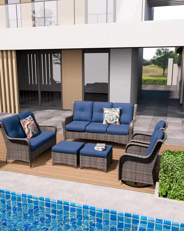 Patio Furniture Set 6-Piece Outdoor Patio Conversation Set with Blue Cushions Lawn Furniture