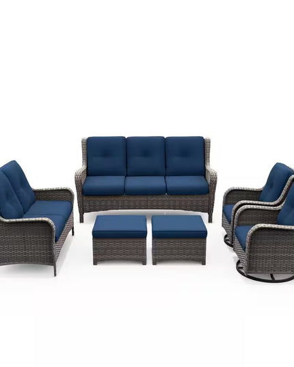 Patio Furniture Set 6-Piece Outdoor Patio Conversation Set with Blue Cushions Lawn Furniture
