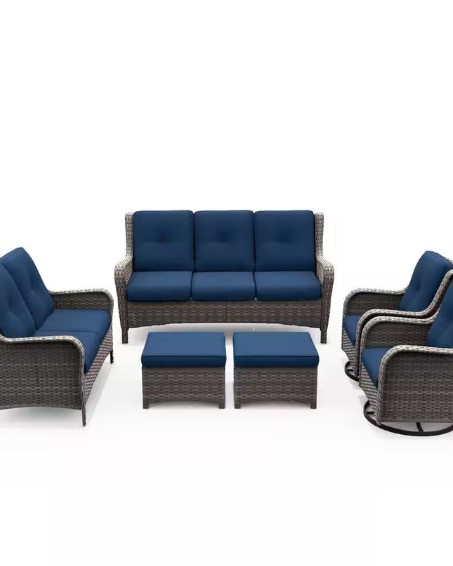 Patio Furniture Set 6-Piece Outdoor Patio Conversation Set with Blue Cushions Lawn Furniture