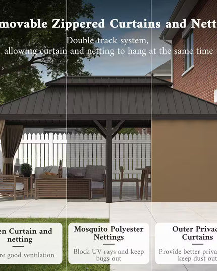 14 Ft. X 20 Ft. Double Galvanized Steel Roof Aluminum Frame Outdoor Patio Hardtop Gazebo with Netting and Curtains