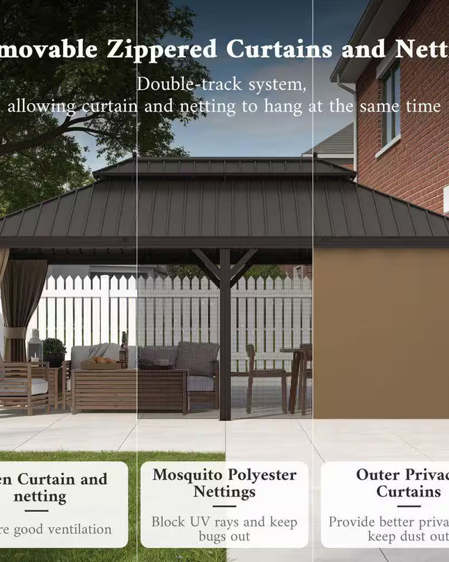 14 Ft. X 20 Ft. Double Galvanized Steel Roof Aluminum Frame Outdoor Patio Hardtop Gazebo with Netting and Curtains