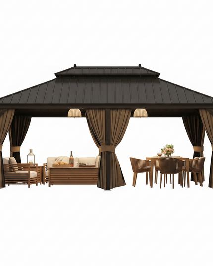 14 Ft. X 20 Ft. Double Galvanized Steel Roof Aluminum Frame Outdoor Patio Hardtop Gazebo with Netting and Curtains