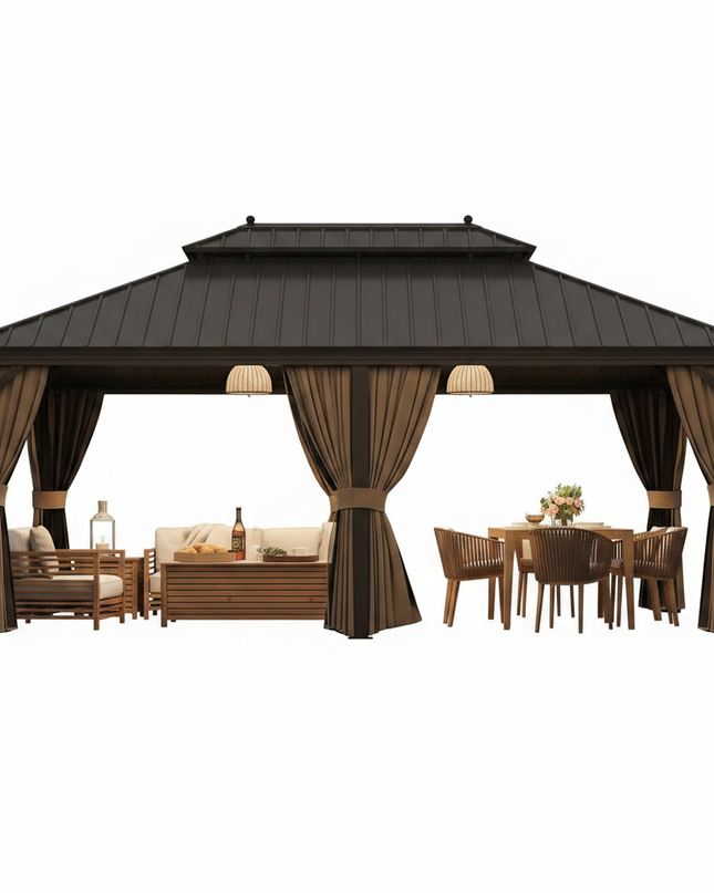 14 Ft. X 20 Ft. Double Galvanized Steel Roof Aluminum Frame Outdoor Patio Hardtop Gazebo with Netting and Curtains