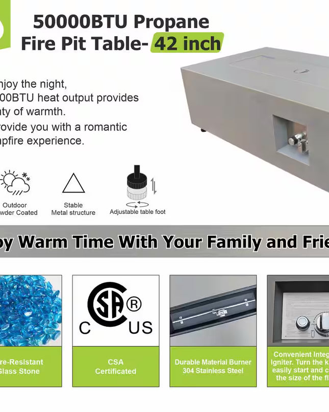50000 BTU Coating Steel Propane Fire Pit Table in Gray Rectangular Modern Outdoor Gas Fire Table with Tank Holder