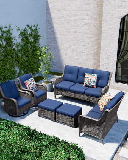 Patio Furniture Set 6-Piece Outdoor Patio Conversation Set with Blue Cushions Lawn Furniture