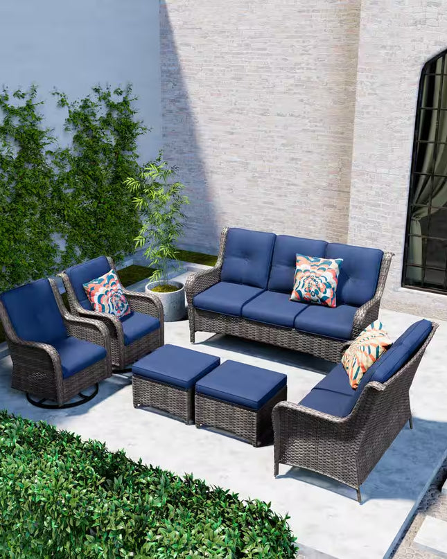 Patio Furniture Set 6-Piece Outdoor Patio Conversation Set with Blue Cushions Lawn Furniture
