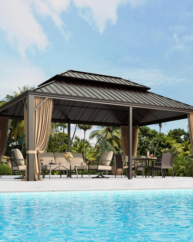 14' X 20' Hardtop Gazebo Aluminum Frame Galvanized Steel Double Roof Patio Gazebo with Netting & Curtains Brown