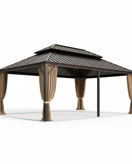 14' X 20' Hardtop Gazebo Aluminum Frame Galvanized Steel Double Roof Patio Gazebo with Netting & Curtains Brown