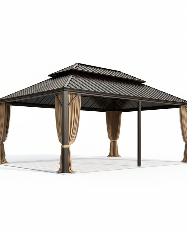 14' X 20' Hardtop Gazebo Aluminum Frame Galvanized Steel Double Roof Patio Gazebo with Netting & Curtains Brown