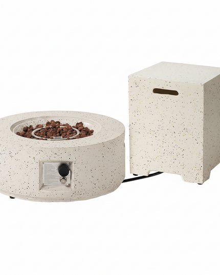 2-Piece Outdoor Fire Pit Table Set W Tank Table, 28" Terrazzo round Fire Table (Certified, 40,000 BTU) W 16" Tank Cover Side Table 20Lb, Waterproof Cover for Garden, Pool, Backyard