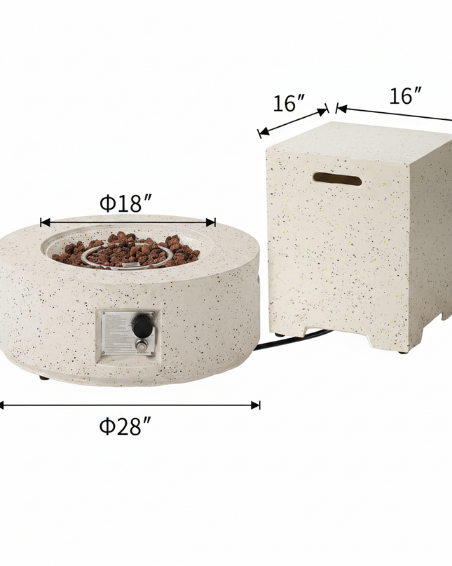 2-Piece Outdoor Fire Pit Table Set W Tank Table, 28" Terrazzo round Fire Table (Certified, 40,000 BTU) W 16" Tank Cover Side Table 20Lb, Waterproof Cover for Garden, Pool, Backyard