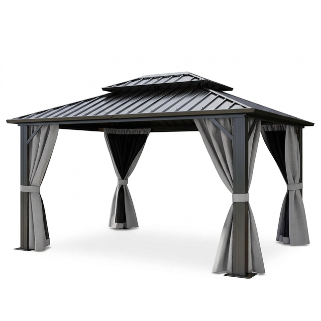 10X12Ft Hardtop Gazebo Double Roof with Nettings and Curtains