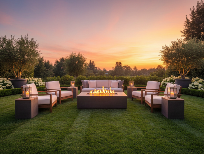 Sunset backyard with fire table and chairs