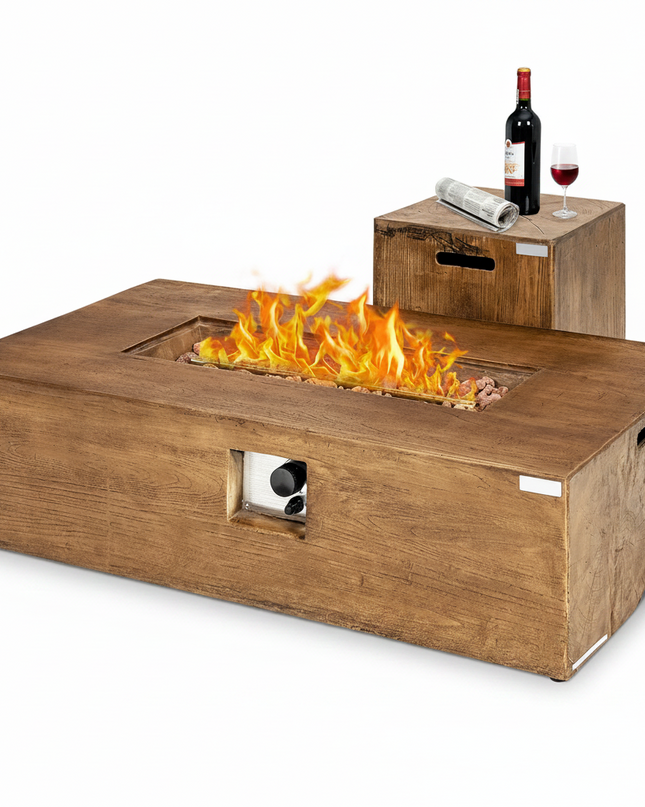 2 Pieces Outdoor Propane Fire Pit Table Set, Patiojoy 48 Inch Rustic 50,000 BTU Rectangular Gas Fire Pit Table with 20 Lbs Tank Side Table, Lava Rocks, Cover for Patio, Garden, Yard