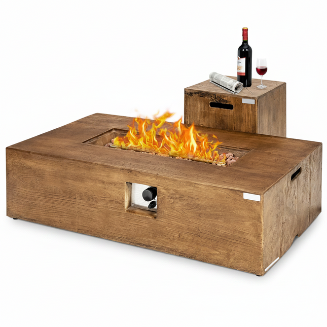 2 Pieces Outdoor Propane Fire Pit Table Set, Patiojoy 48 Inch Rustic 50,000 BTU Rectangular Gas Fire Pit Table with 20 Lbs Tank Side Table, Lava Rocks, Cover for Patio, Garden, Yard
